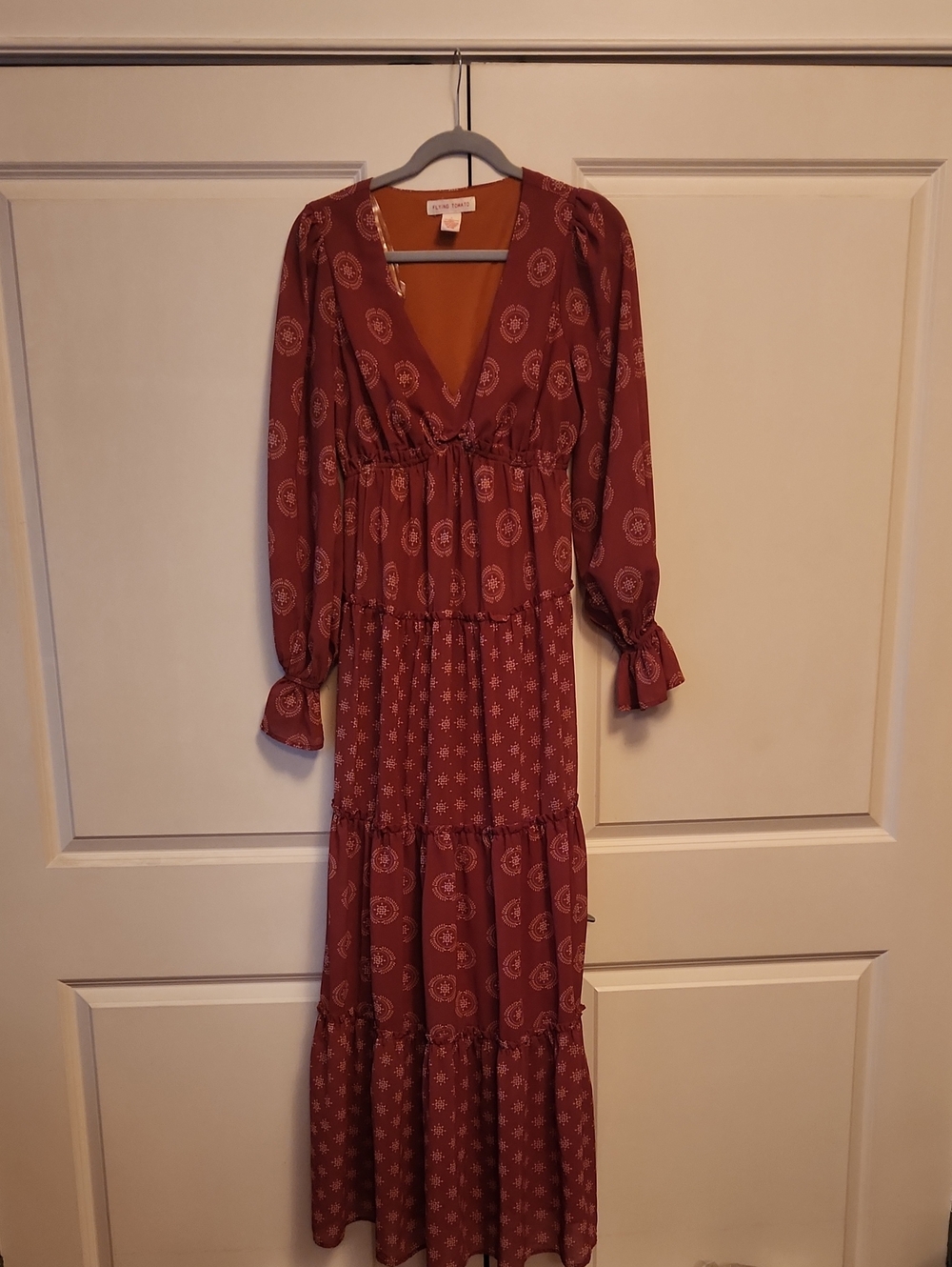 Flying Tomato Rust Patterned Tiered V-Neck Maxi Dress